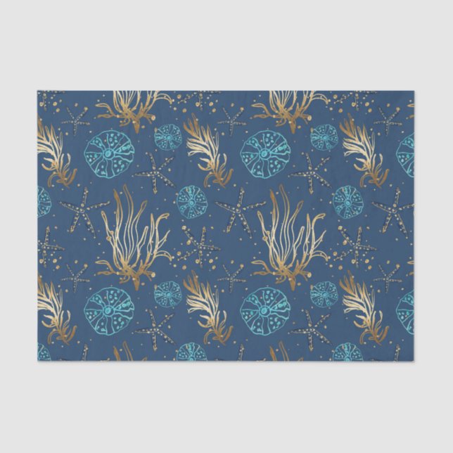 Papier Mousseline Golden Starfish & Coral Reef Motif sur Blue (Recto)