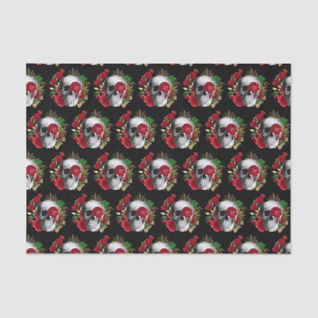 Papier Mousseline Goth Crâne avec fleurs rouges à motifs (Recto)