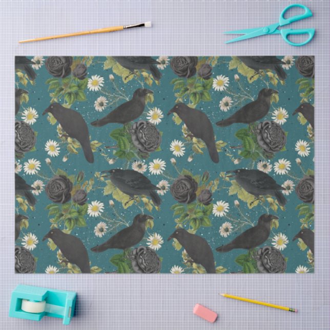 Papier Mousseline Goth Crows et Roses noirs Profond Turquoise Motif (Artisanat)