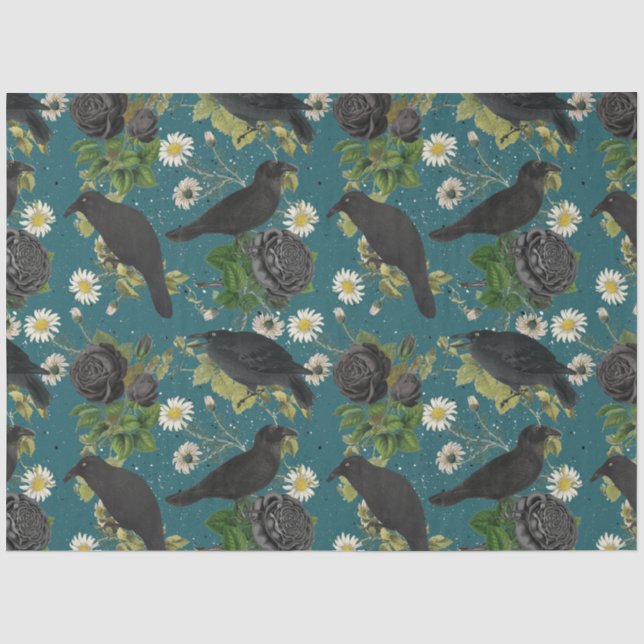 Papier Mousseline Goth Crows et Roses noirs Profond Turquoise Motif (Recto)