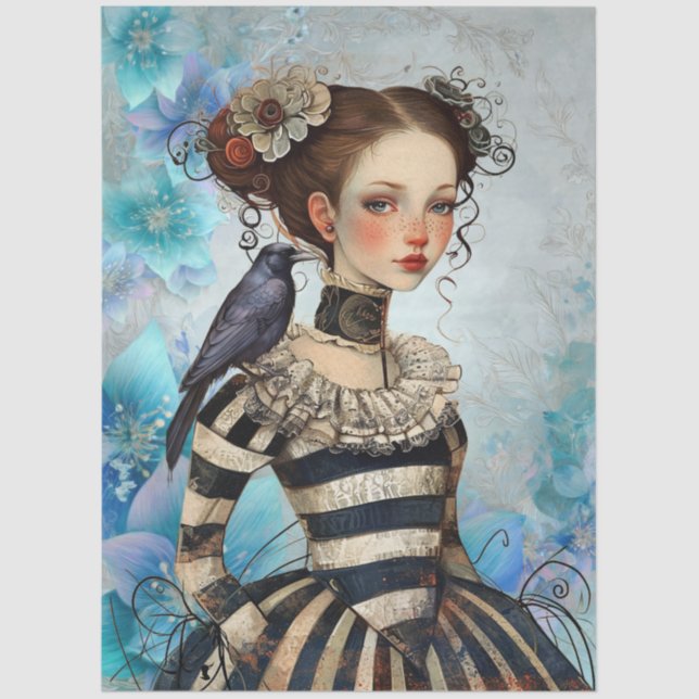 Papier Mousseline Gothic Victorian Girl & Raven Teal Florals (Recto)