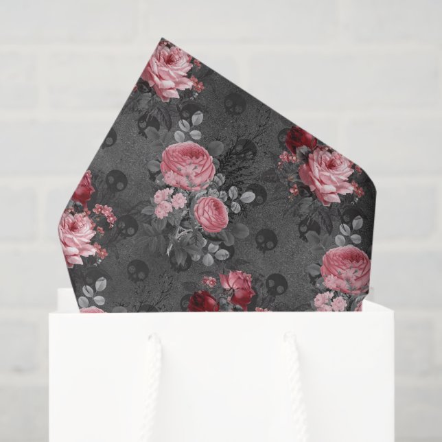Papier Mousseline Gothique floral rose et noir (Sac cadeau)