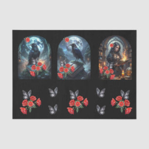 Papier Mousseline Gothique Vintage Corbeau & Roses Rouges Decoupage