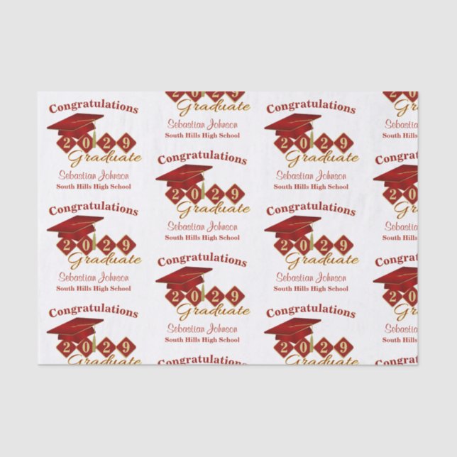 Papier Mousseline Graduation personnalisée Rouge & Or (Recto)