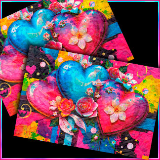 Papier Mousseline [Graffiti Love] Coeurs Abstraits colorés et fleurs