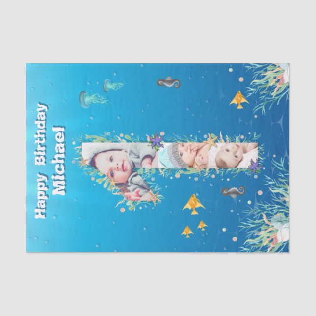 Papier Mousseline Grand 1er anniversaire sous la mer Photo Collage (Recto)