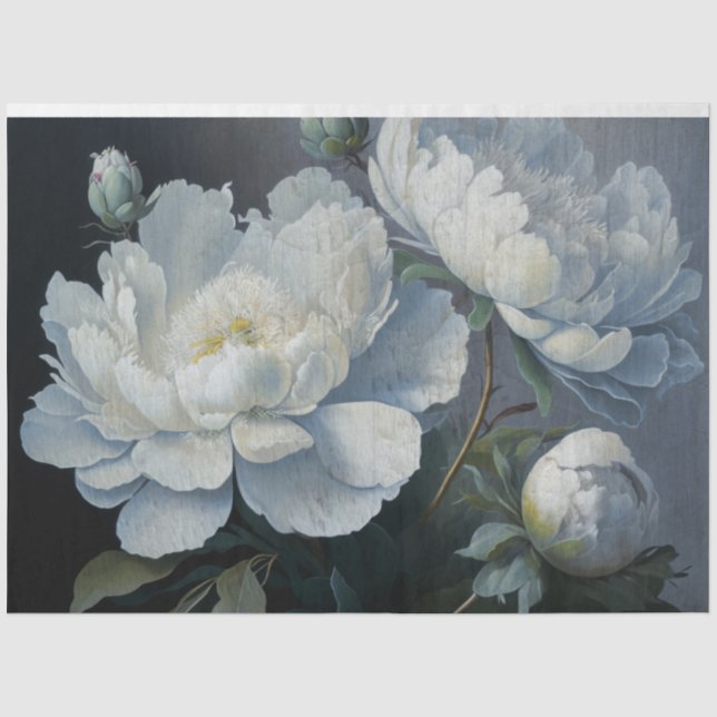 Papier Mousseline Grand Blanc, Bleu & Noir Peony Art, Moody Floral (Recto)