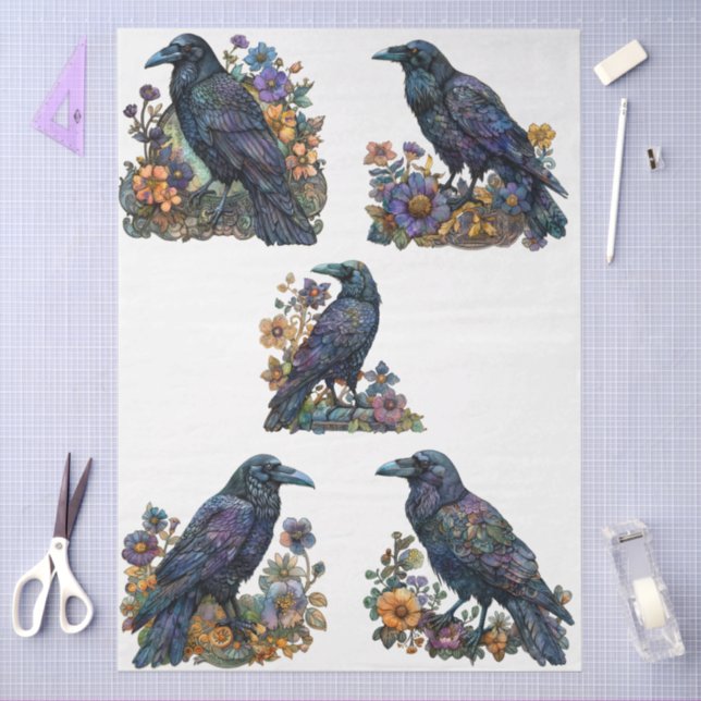 Papier Mousseline Grand Gothique Floral Ravens Noir Découpage (Artisanat)