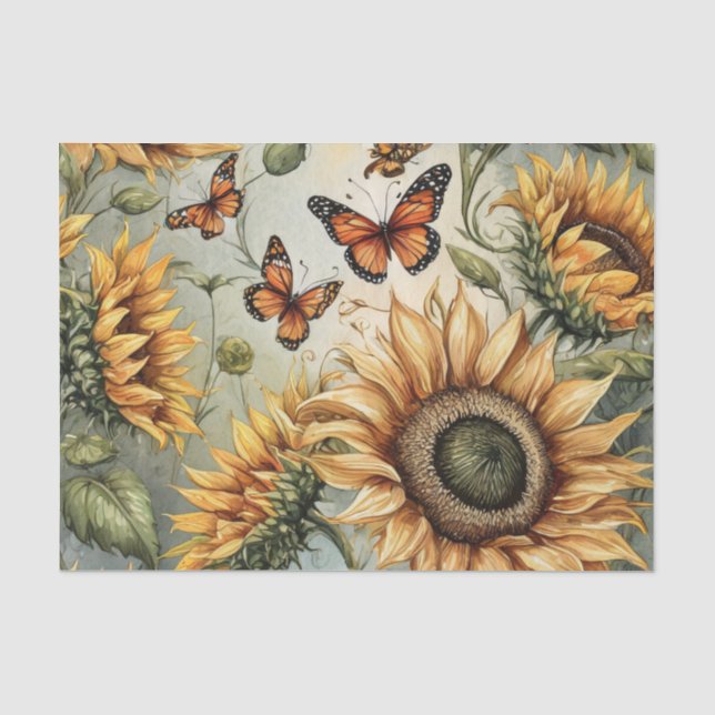 Papier Mousseline Grand tournesol ouvert avec papillons Monarch (Recto)