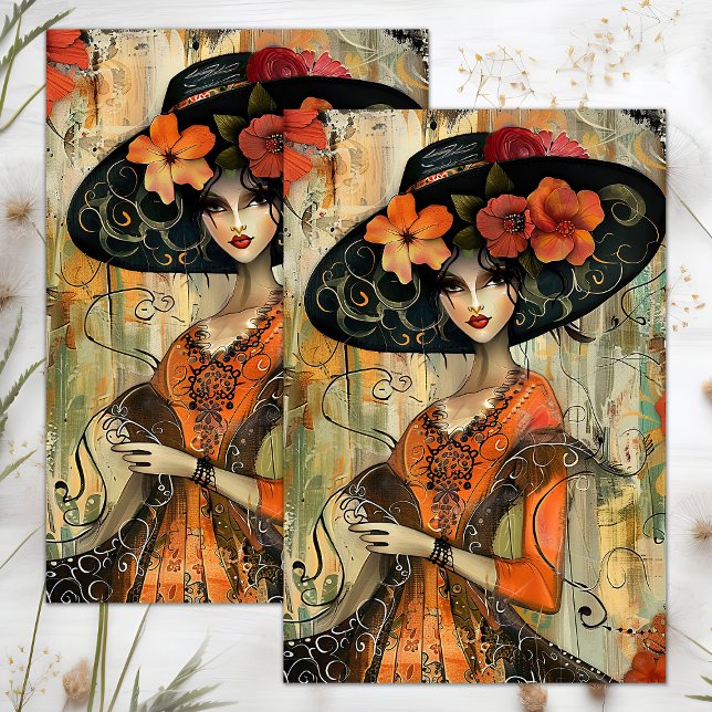 PAPIER MOUSSELINE GRANDE DÉCOUPAGE DE FILLES DE MODE CASQUETTE (BIG HAT FASHION GIRL DECOUPAGE TISSUE PAPER)