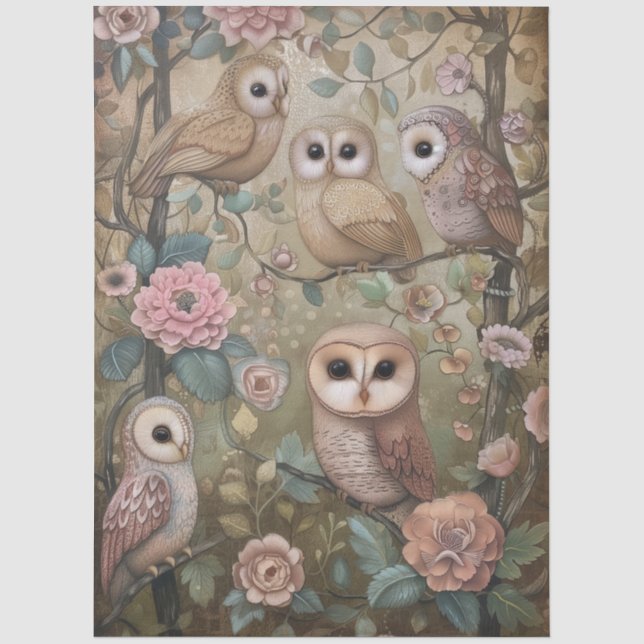 Papier Mousseline Grande Forêt Boisée Florales & Chouettes Découpage (Recto)