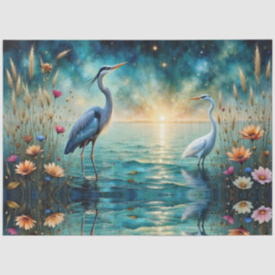 Papier Mousseline Grande Héron bleu & fleurs d'Aigrette dans l'eau
