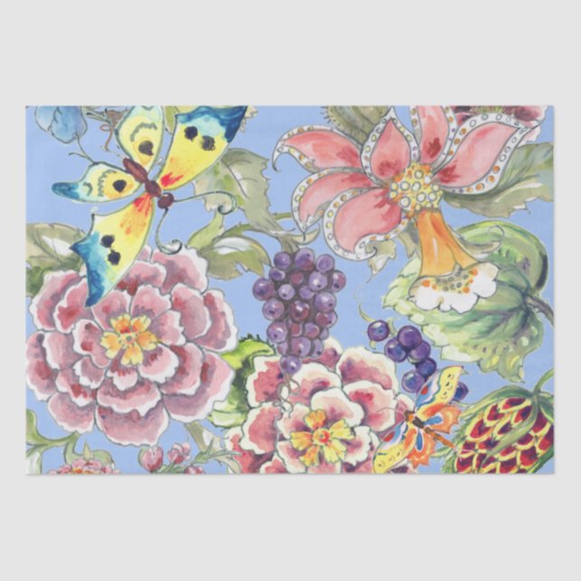 Papier Mousseline Grande Impression Tropical Floral Bleu Aquarelle J (Recto)