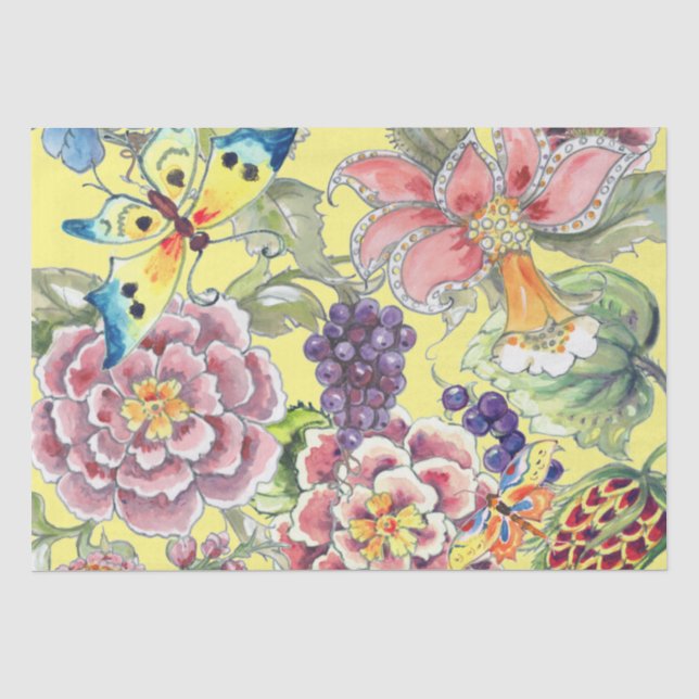Papier Mousseline Grande impression Tropical Floral Jaune Aquarelle  (Recto)