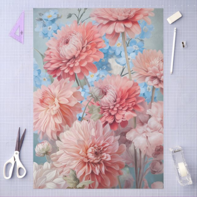 Papier Mousseline Grande page Ethérée rose & Fleurs Bleues Découpage (Artisanat)