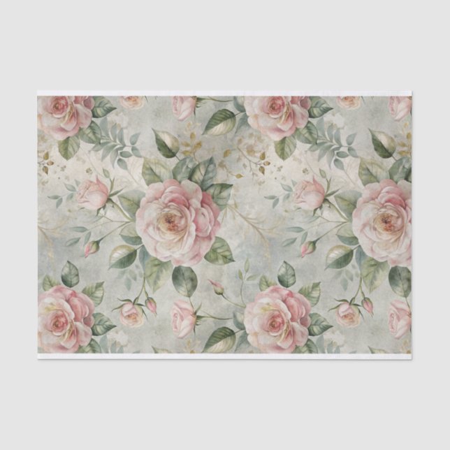 Papier Mousseline Grandes roses rose pâle sur Motif vert doux (Recto)