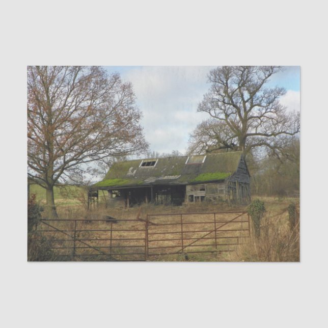 Papier Mousseline Grange d'Angleterre délabrée avec un toit couvert  (Recto)