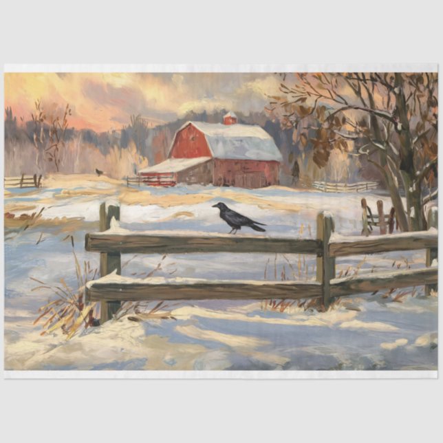 Papier Mousseline Grange rouge rustique avec Crow Farmhouse Decoupag (Recto)