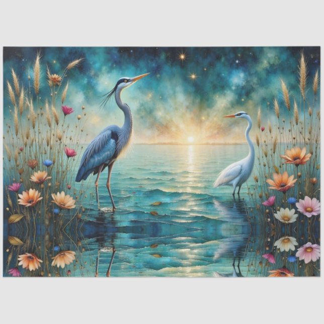 Papier Mousseline Great blue Heron & Egret flowers in water (Recto)