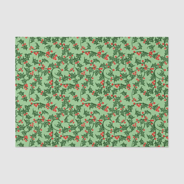 Papier Mousseline Green Holly avec des baies rouges sur le papier Ti (Recto)