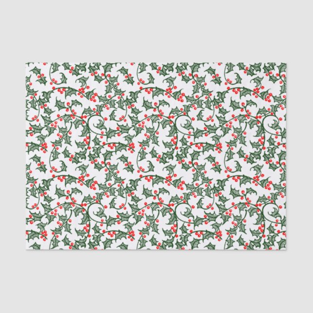 Papier Mousseline Green Holly avec papier de tissus aux baies rouges (Recto)
