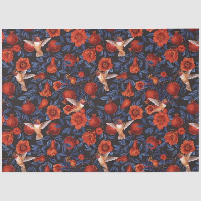 Papier Mousseline Grenade et colibris/feuilles bleus sur noir (Recto)