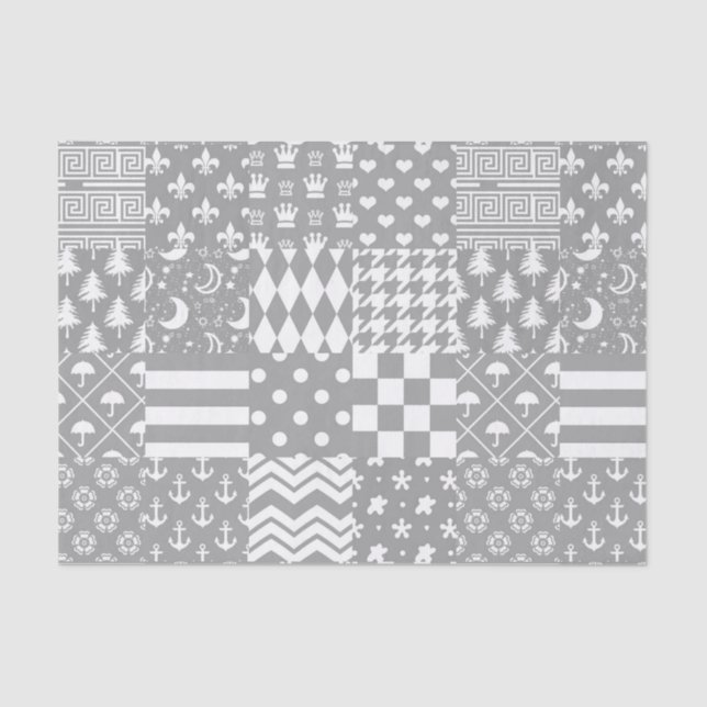 Papier Mousseline Gris Blanc Mixte Motif Patchwork Design (Recto)
