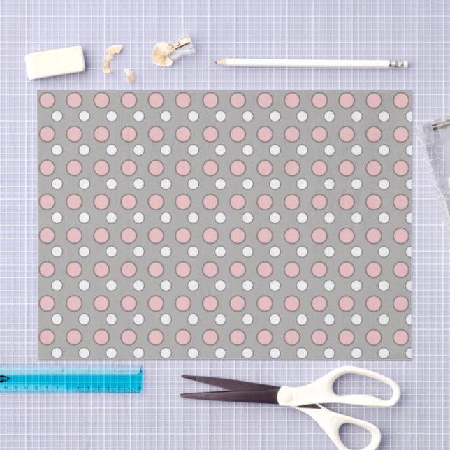 Papier Mousseline Gris rose et blanc avec pois (Artisanat)