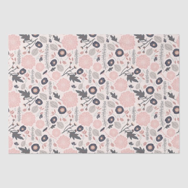 Papier Mousseline Gris rose Noir Botanique Motif Floral (Recto)