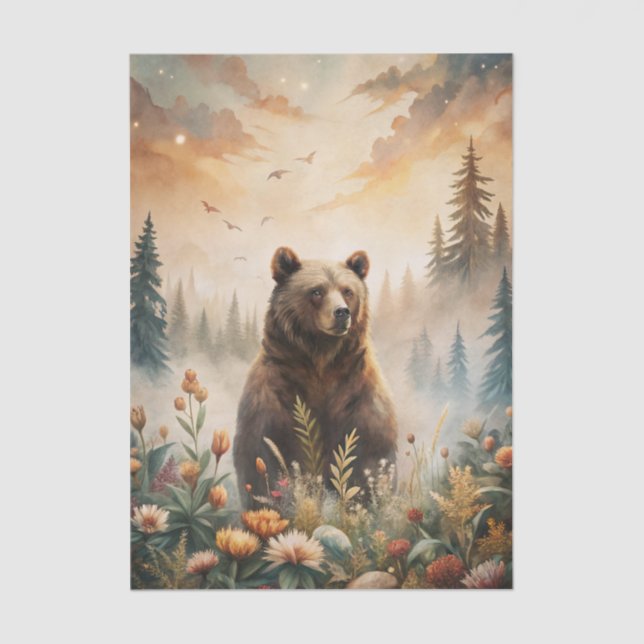 Papier Mousseline Grizzly Bear in a Forest Meadow with Flowers (Recto)