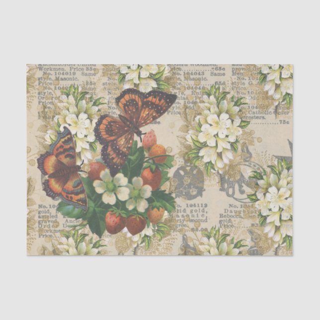 Papier Mousseline Grosses papillons et fraises (Recto)