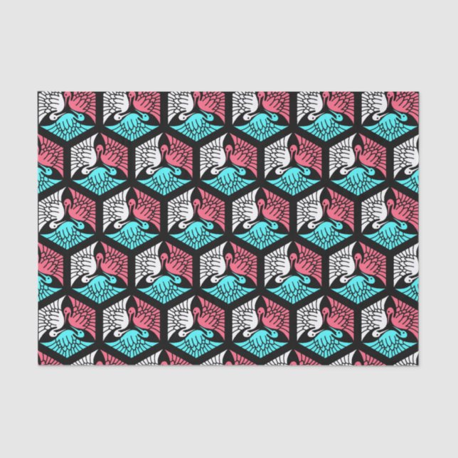 Papier Mousseline Grues japonaises, corail, turquoise et noir (Recto)