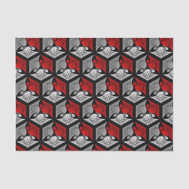 Papier Mousseline Grues japonaises, rouge, gris / gris / noir (Recto)