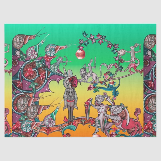 PAPIER MOUSSELINE GUERRE BESTIAIRE MÉDIÉVALE, CHEVALIERS, ESPACES GÉ (Recto)