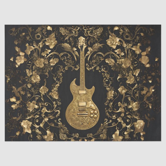 Papier Mousseline Guitare d'or dans Jardin d'or sur Noir (Recto)