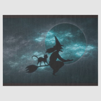 Papier Mousseline Halloween Chat Broom Lune Nuages