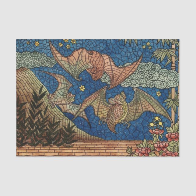 Papier Mousseline Halloween Elegant Blue Gold Mosaic Bat Belle (Recto)