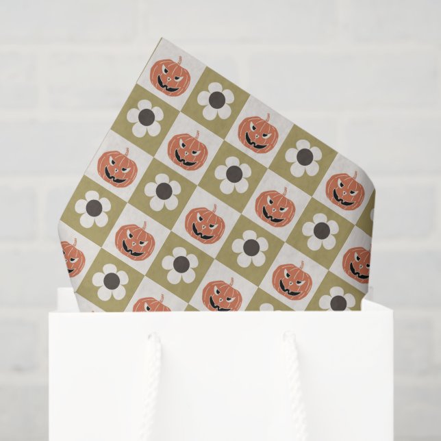 Papier Mousseline Halloween Jack-o-lanterne et damier marguerrier (Sac cadeau)