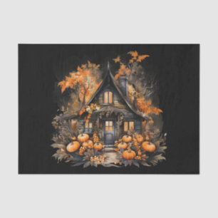 Papier Mousseline Halloween Maison hantée avec Citrouilles & Foliage
