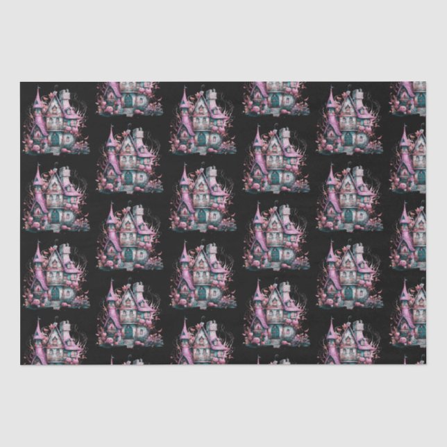 Papier Mousseline Halloween Motif de la maison rose et gris (Recto)
