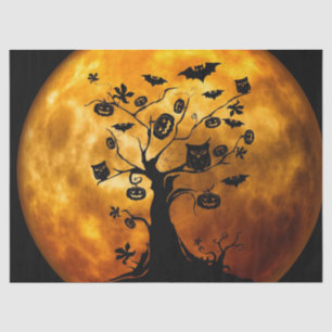 Papier Mousseline Halloween Orange Lune Chouette Citrouille Arbre d'