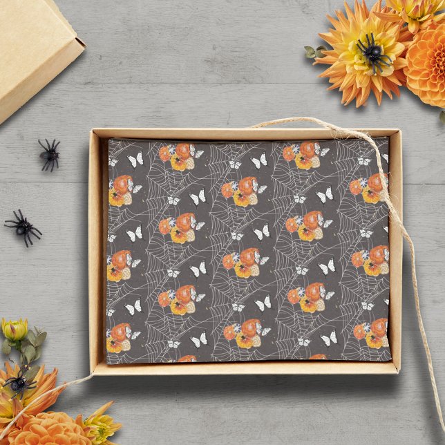 Papier Mousseline Halloween papillon floral araignée Web gris orange (Cottagecore Victorian Halloween handpainted fall florals with spiders and butterflies original art)
