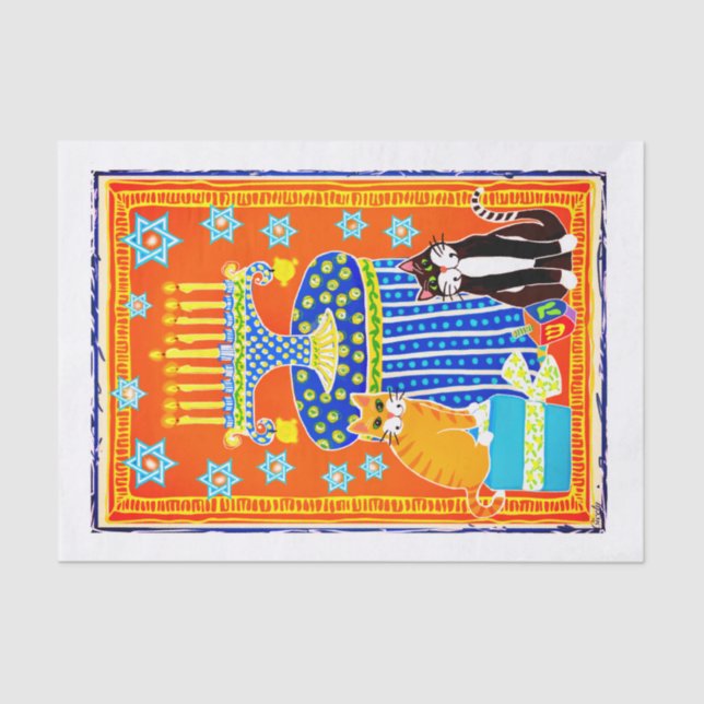 Papier Mousseline Hanoukka avec 2 Chats, Menorah, Dreidle, Holiday C (Recto)