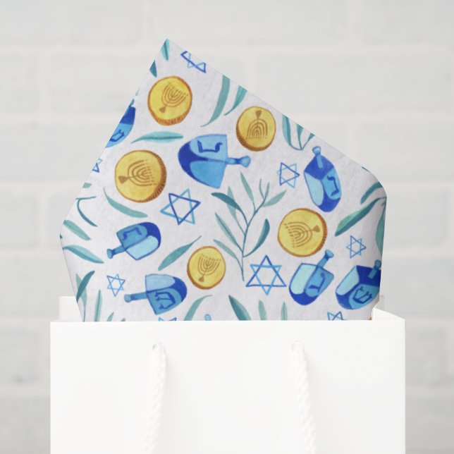 Papier Mousseline Hanoukka Dreidel Juif Motif aquarelle (Sac cadeau)