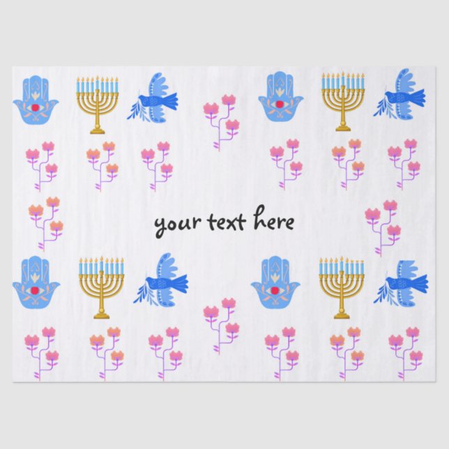 Papier Mousseline Hanukkah tissue Paper – Menorah, Hamsa, Dove (Recto)