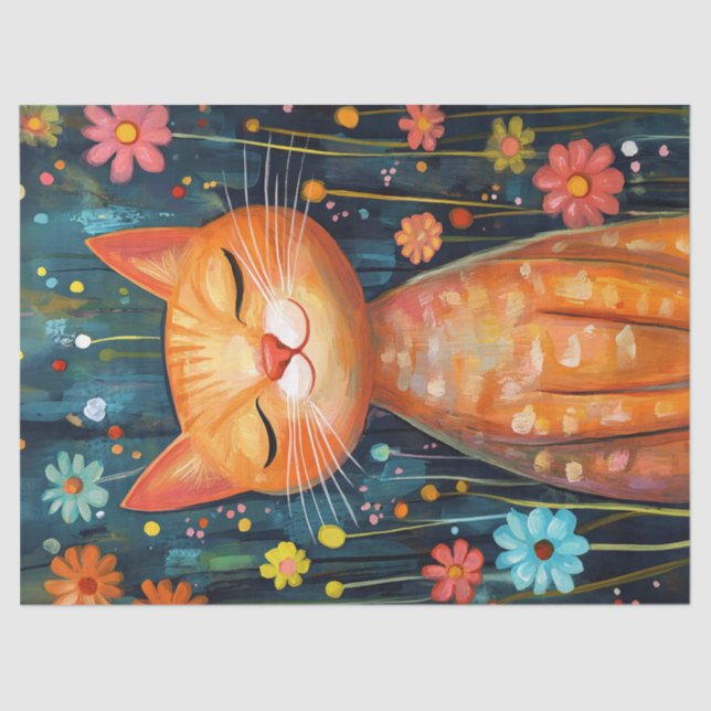 Papier Mousseline Happy Chat Orange Whimsical Fleurs Découpage (Recto)