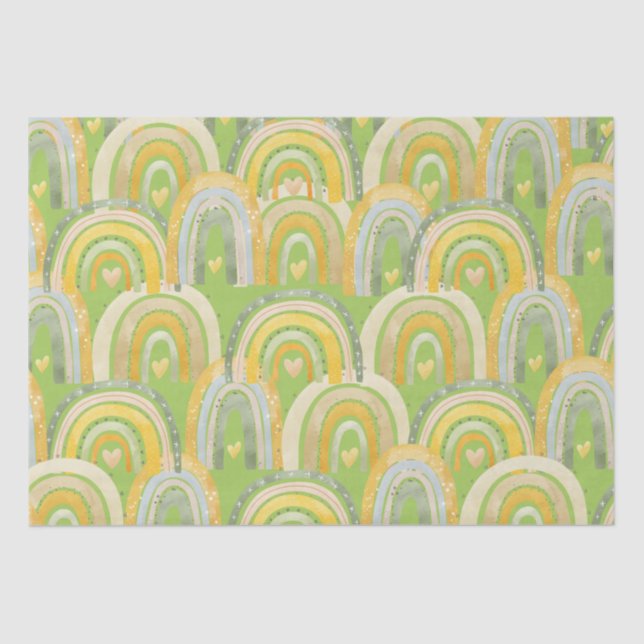 Papier Mousseline Happy Rainbows Coeurs Jaune Vert Tissu Papier (Recto)