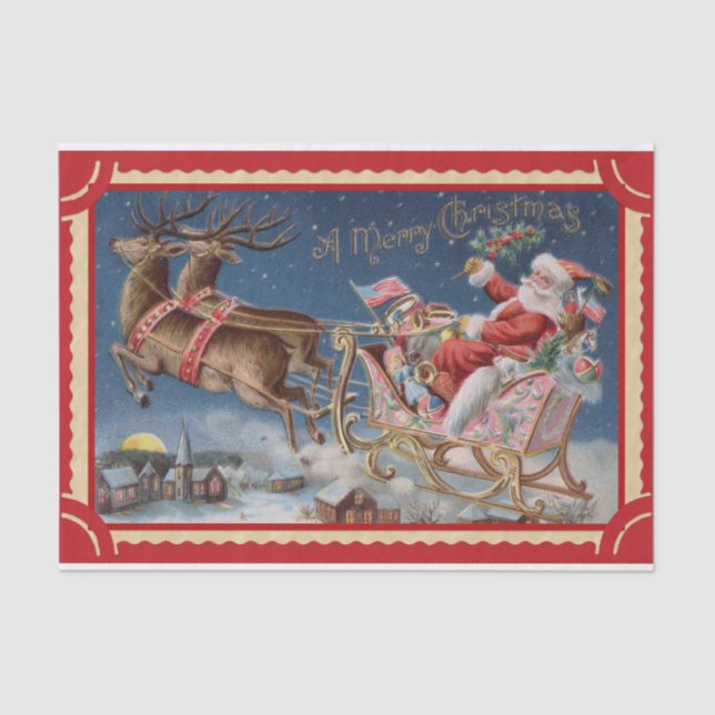 Papier Mousseline Happy Santa Claus in His Sleigh with Reindeers (Recto)