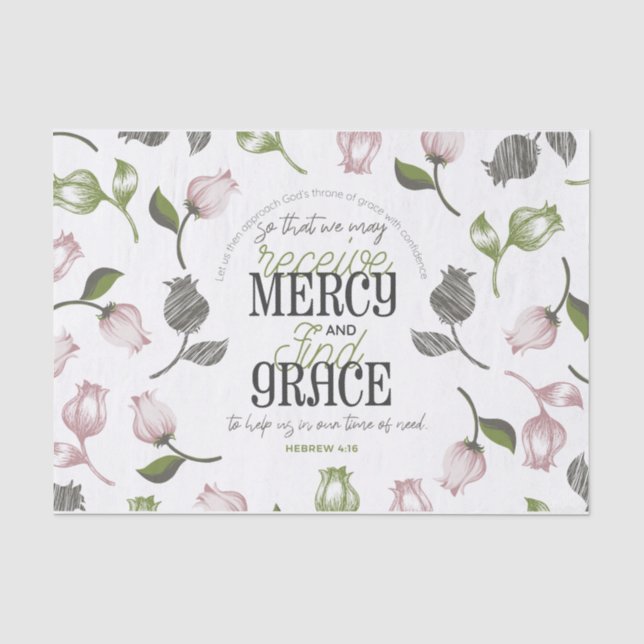 Papier Mousseline Hébreu 4:16 citations avec art floral blanc ver (Recto)