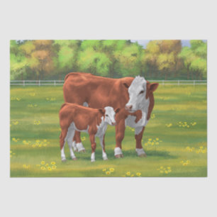 Papier Mousseline Hereford Cow & Cute Calf dans les pâturages d'été